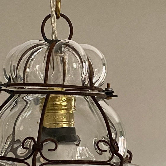 Image 1 of Lámpara colgante grande de cristal enjaulado, lámpara de araña antigua de Murano, farol veneciano transparente