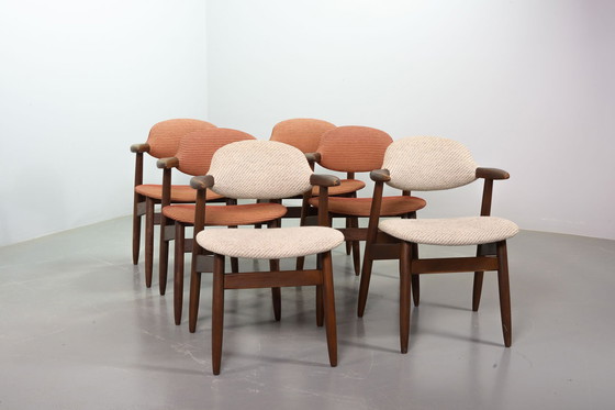 Image 1 of Authentic Cowhorn Tijsseling Dining Chairs with the Original Fabric Upholstery by Hulmefa. Set of 6. The Netherlands, 1960s.
