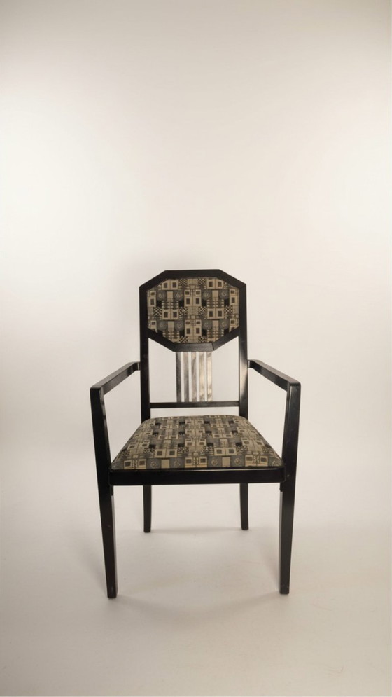 4 original Thonet Vintage Armchairs, polygonal back & patterned upholstery, Dining chairs, Wood, Grey (photo 12 of 12)