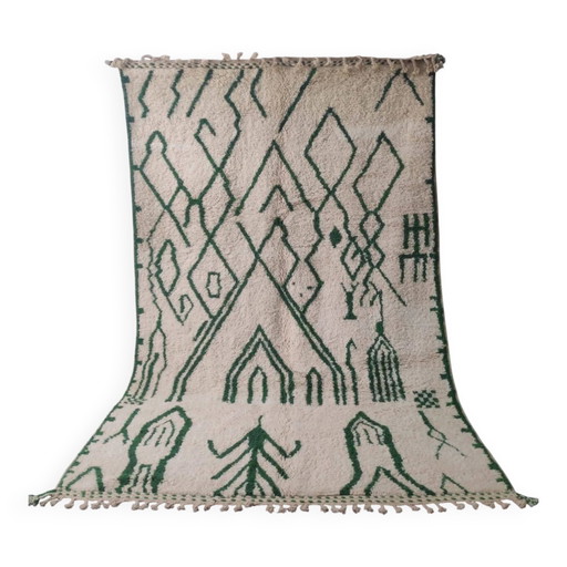Large Beni Ouarain Rug in Ecru and Forest Green with Abstract Berber Patterns 3x2M