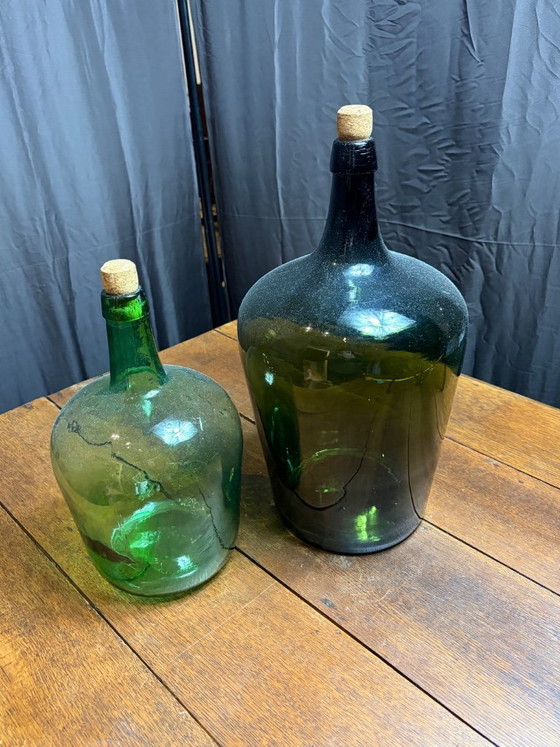 Image 1 of Set of 2 Beautiful Large Vintage Dame-Jeannes / Demijohns (Green Glass)