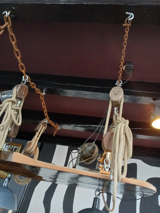 Image 1 of Robust ship's table with ceiling piece, accessories, and lamps for 18 people