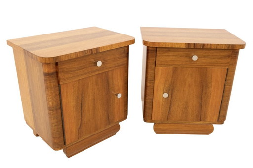 Vintage wooden bedside tables from the mid-20th century, after renovation.