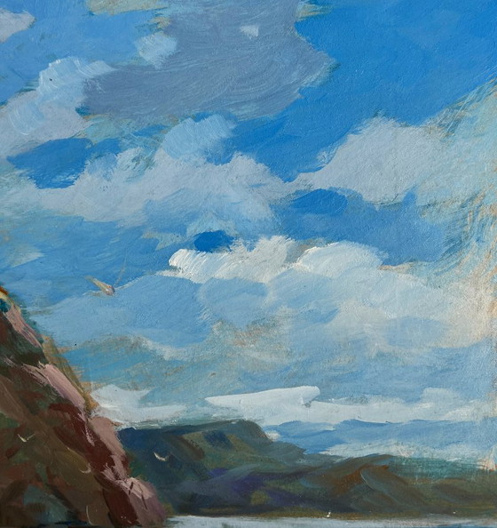 Image 1 of Pintura al óleo original: Paisaje marino y montañoso con barcos en el ferry.