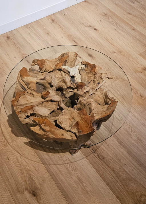 Tavolino da caffè in teak splendidamente conservato con fossili