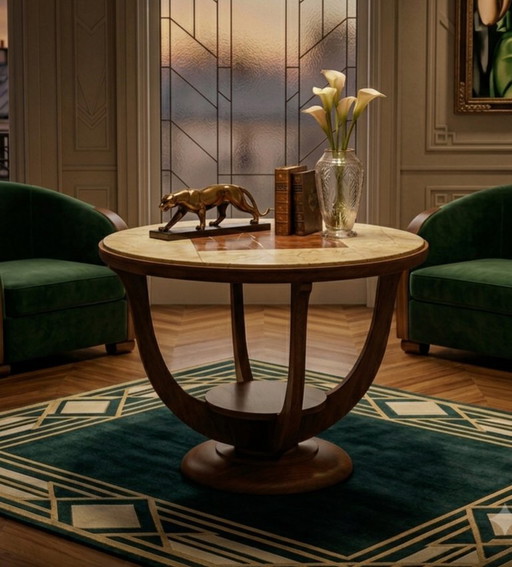Superbe Guéridon / Table d’appoint Art Déco – Marqueterie de Marbre & Bois massif (c. 1930) – bijzettafels, Marble, Wood