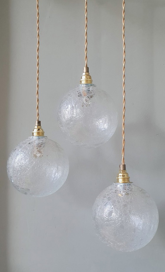 Set (3) Vintage Crackle Glass Sfera / Lampade a sospensione - Midcentury – Metal (photo 21 of 21)