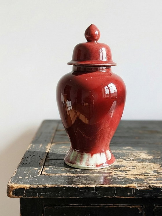 Image 1 of Covered vase, Chinese ginger jar, oxblood and celadon ceramic