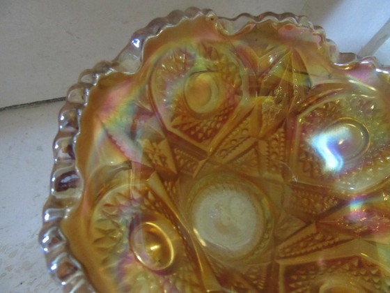 Carnival Cuenco de cristal iridiscente con borde ondulado, Vidrio, Naranja, Vintage (foto 9 de 10)