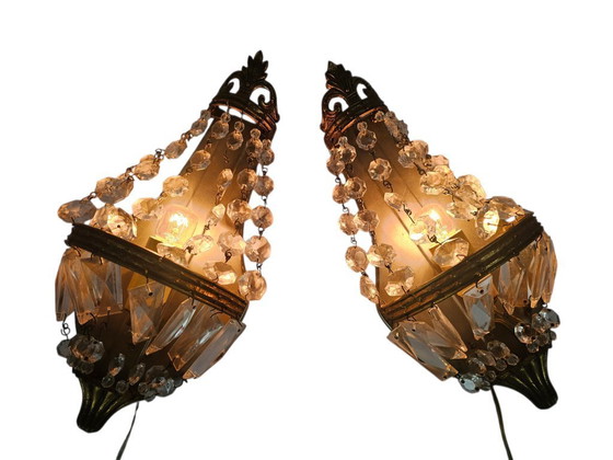 Image 1 of Stile Hollywood Regency - 2 lampade da parete - Dorate - Cristallo - Francia - Anni '60