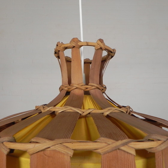 Image 1 of Lampada a sospensione vintage con paralume in rattan, foglia di palma e tessuto, anni '70