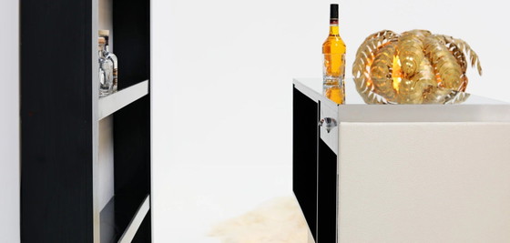 Vintage Cocktailbar Jaren 80 - Zwart Hout & Geborsteld Metaal - met 2 barkrukken – Drankenkasten, Metal, Wood (photo 8 of 8)