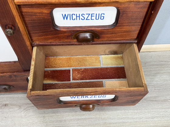 Image 1 of Antique kitchen cabinet with porcelain drawer plates | ca. 1900-1930