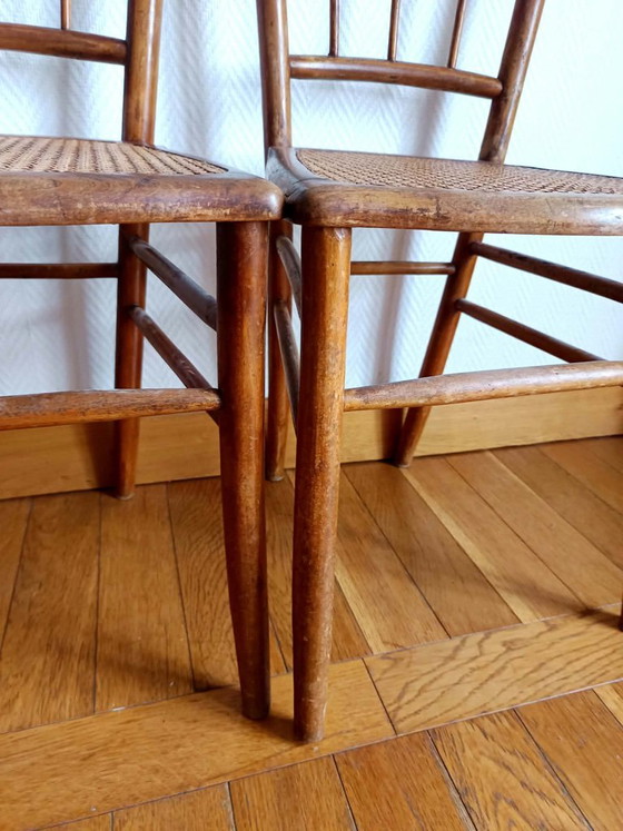 2x caned bistro chairs circa 1940, Dining chairs, Wood, Rattan, Brown, Vintage (photo 12 of 13)
