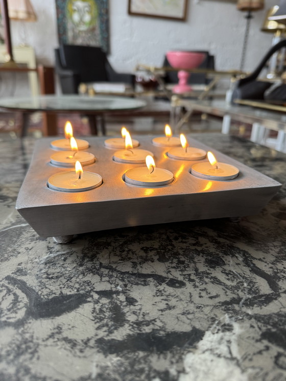 Image 1 of Brushed aluminum candle holder in a 1970s Scandinavian brutalist style