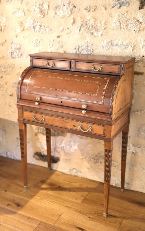 Louis Xvi French Cylinder Lady's Desk In Mahogany And Walnut