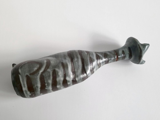 Image 1 of Vintage likeurfles uit de jaren 60 met kattenmotief, keramiek, jaren 60, zie handtekening.