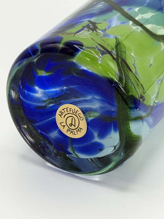 Image 1 of Vintage hand-blown design vase – Artefuego La Palma – blue/green glass art