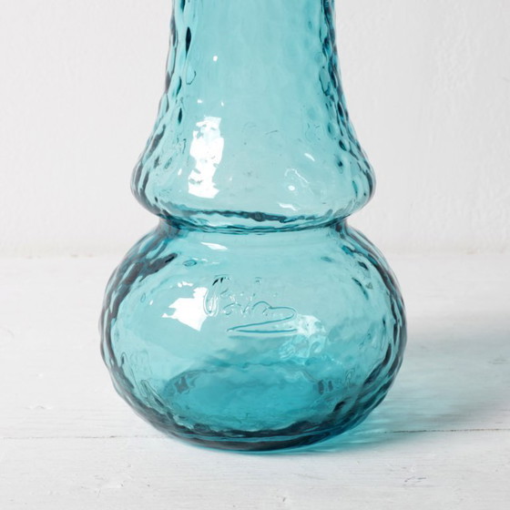 Image 1 of Turquoise Stylish Glass Flower Vase / Bibi Teal Hammered Textured Glass Vase / Italy / 1980s