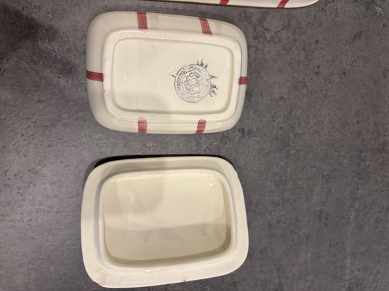 Image 1 of Vintage Boch Frères La Louvière Belgian Bathroom Set — Pink Polka Dot & Stripe