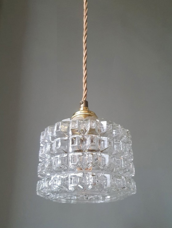 Image 1 of Mid-century vintage pendant lamp of thick, textured glass.