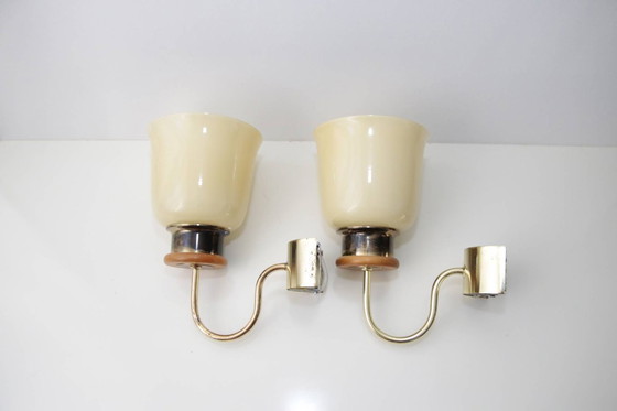 Image 1 of Set of 2 wall lamps brass glass shade 80s J Vintage
