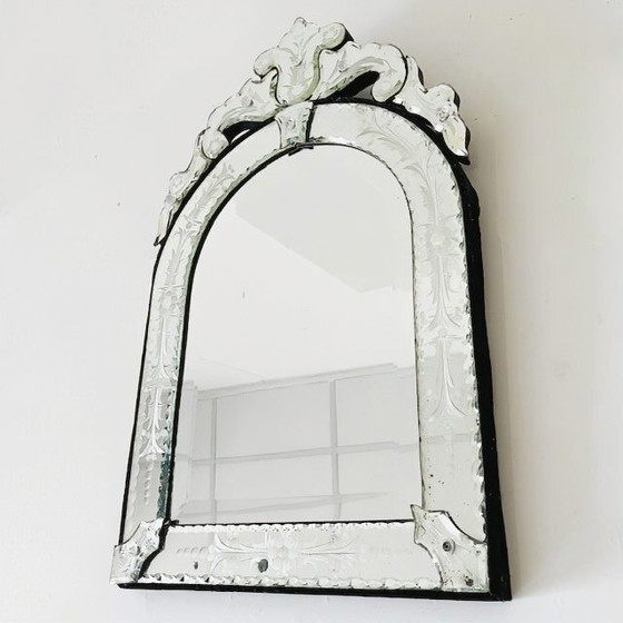 Image 1 of Antique Venetian small mirror etched mirror glass floral mirror 1900s