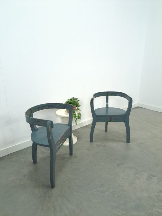 Image 1 of Old wooden blue set of chairs with flowers from Sweden