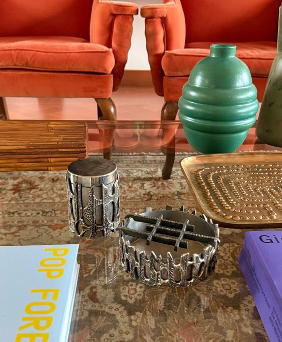 Image 1 of Brutalist top smoking set, ashtray and cigars box, Morbelli Italy 1970