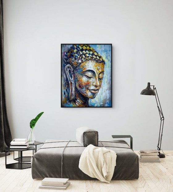 Image 1 of Unique hand-painted Buddha painting "Golden Serenity" – Seksak Jaichumchen – 80 × 100 cm