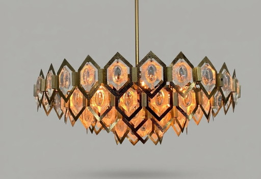 Kronleuchter aus facettiertem Glas, Messing, Jaroslav Bejvl Kamenický Šenov, 1960er Jahre, Tschechoslowakei