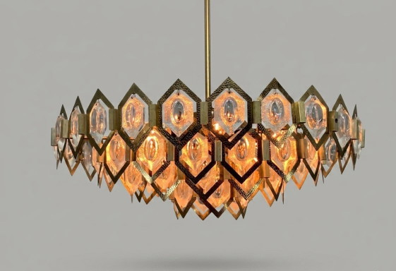 Image 1 of Lampadario in vetro sfaccettato Ottone Jaroslav Bejvl Kamenický Šenov anni '60 Cecoslovacchia