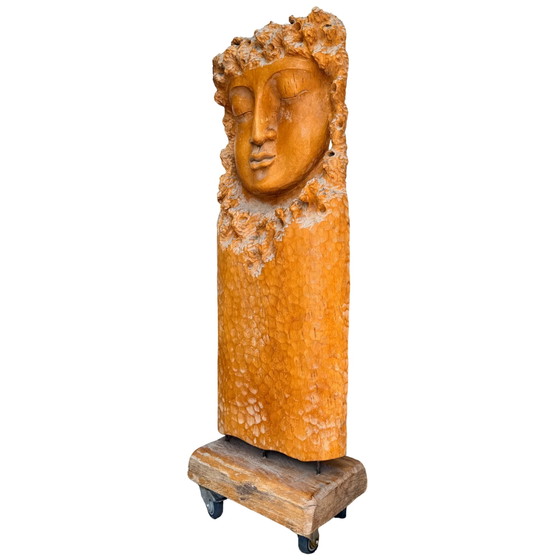 Monumentale Vintage Kwan Yin Muur Beeldhouwkunst – Brutalistisch Houtsnijwerk ca. 1970–1990 – 159 cm – Wood (photo 3 of 11)