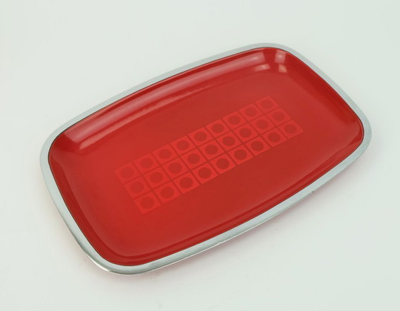 Image 1 of 2 ciotole e 1 piatto da portata silit rosso smalto metallo cromo motivo op art anni '70