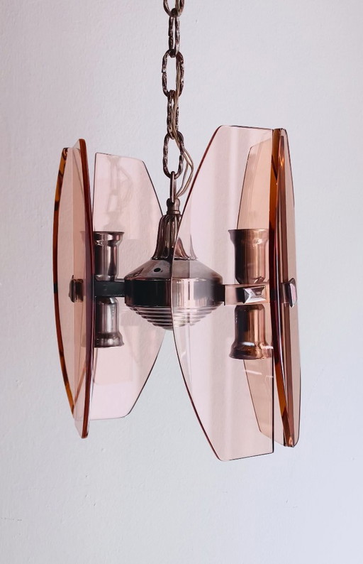 Vintage Veca Pendelleuchte, italienisches Space Age Design, Rauchrosa Murano Glas, 4 Glühbirnenfassungen.
