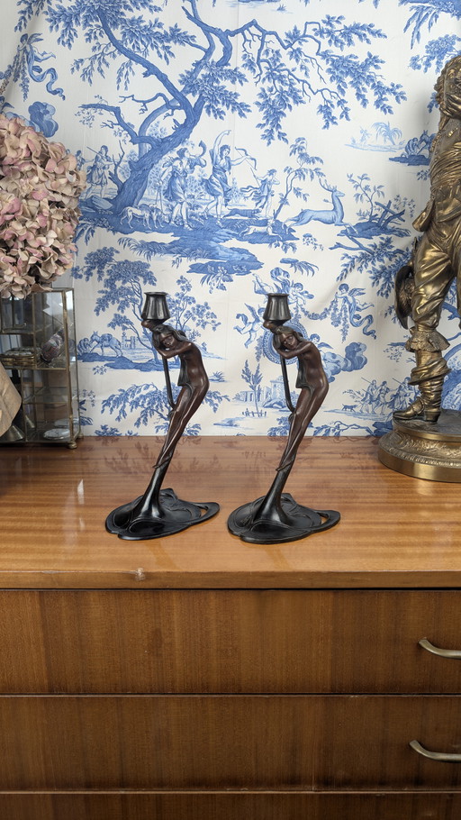 Pair of MoMa Bronze Nymph Candelabras in Vintage Art Nouveau Style 1988