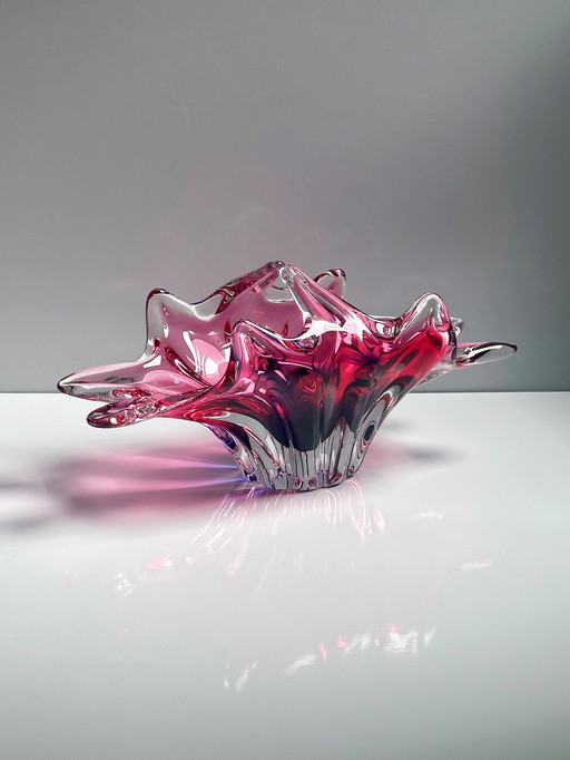 Vintage wicker bowl Bohemian cranberry purple glass Josef Hospodka - Chřibská Sklo Skrdlovice Sommerso overlay Bohemia