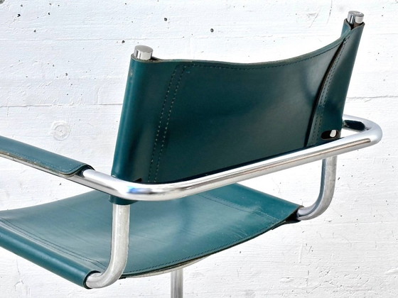 Sedia Cantilever Vintage con Braccioli - Pelle Petrolio e Cromo, Anni '70 – Sedie da camera, Leather (photo 14 of 15)