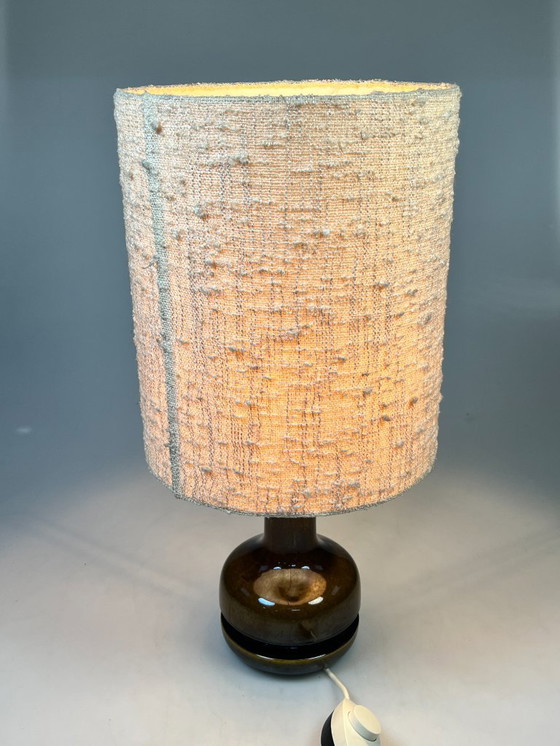 Image 1 of Vintage Earthenware Table Lamp, Green/Brown Ceramic with Wool Shade, Germany 1970s