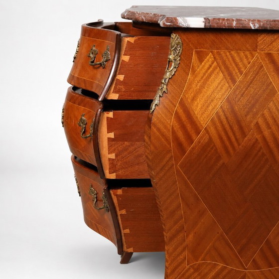 Image 1 of Marquetry Chest of Drawers — Mixed-Wood Veneer, Brass Mounts & Marble Top, 20th Century