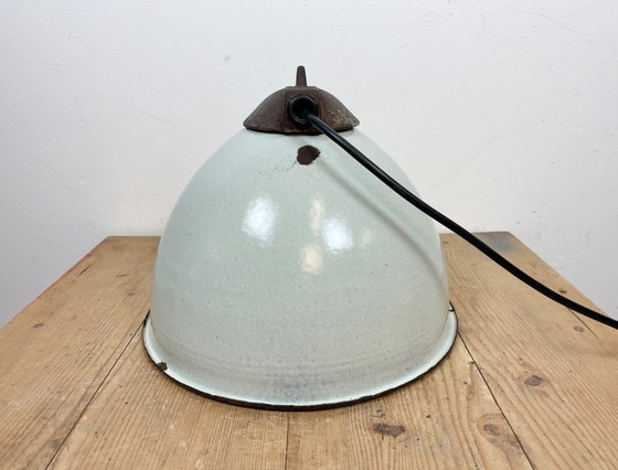 Image 1 of Industrial White Enamel Factory Lamp with Cast Iron Top, 1960s
