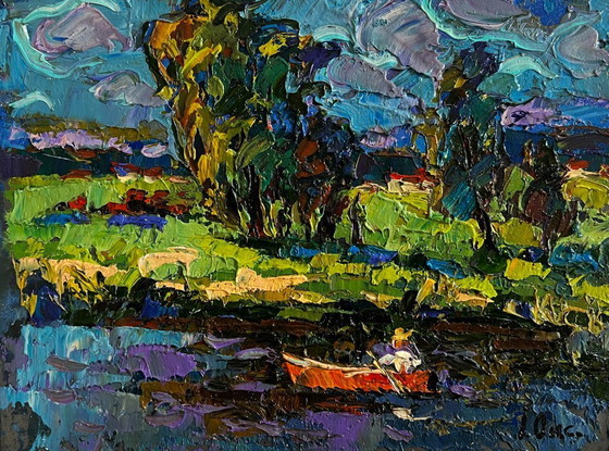 Image 1 of Original Oil Painting Summer Coastal Landscape Sunny day by the river
