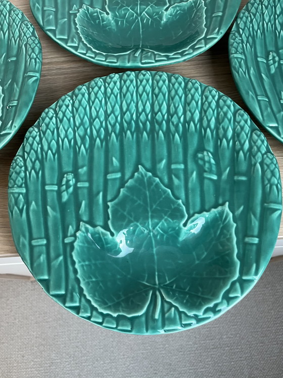 Image 1 of Splendido set di 4 piatti francesi Barbotine per asparagi – Maiolica turchese