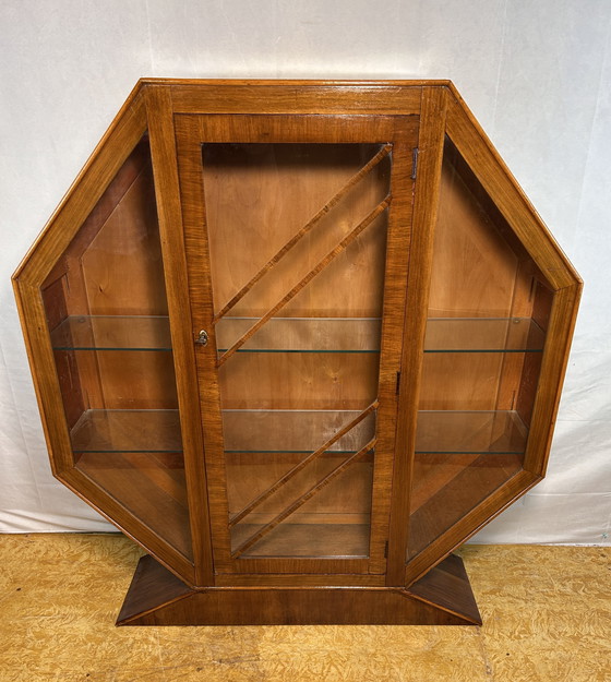 Image 1 of Art Deco Vintage Brocante Walnut Hexagonal Display Cabinet – 1920–1930 Striking Geometric Design | Elegant Display Storage