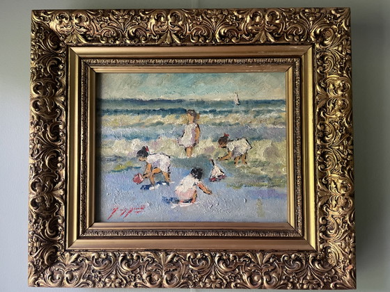 Image 1 of À la plage, huile sur toile, signée, encadrée
