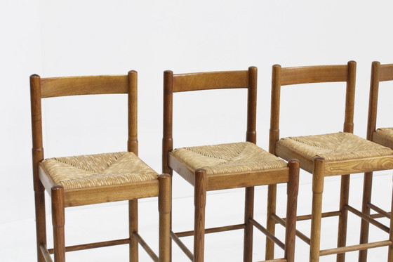 Image 1 of Vintage Vico Magistretti barkrukken set van essenhout en stro, Italië