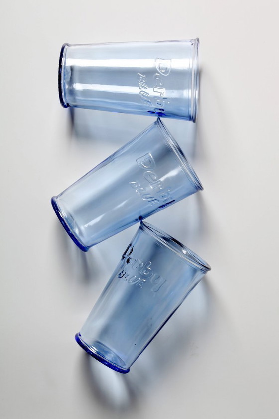 Image 1 of Set van 3 vintage Derby Blue glazen in lichtblauwe kleur / Rastal / Italië / 2001
