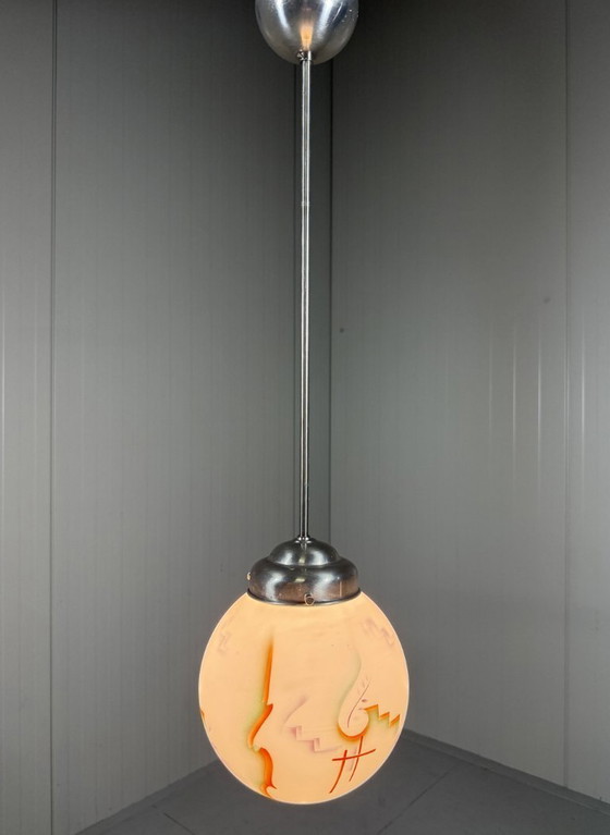 Image 1 of Art-Deco-Pendelleuchte aus Buntglas