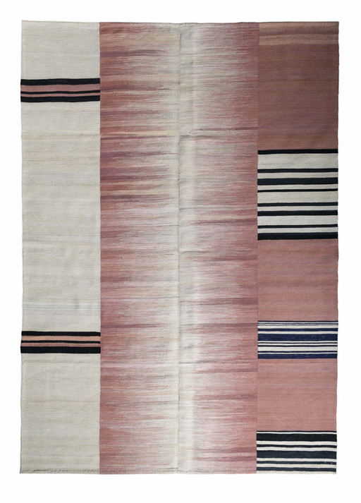 Hand-woven designer kilim Fars - 294 x 206 cm - Modern unique piece in rosé & cream