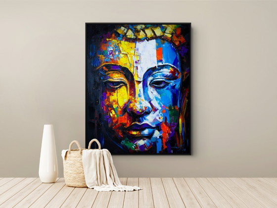 Image 1 of Uniek handgeschilderd Boeddha schilderij “Golden Balance” – Seksak Jaichumchen – 80×100 cm
